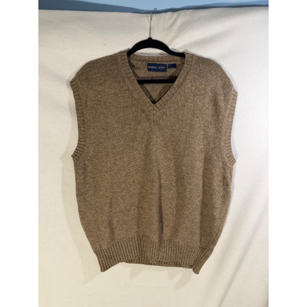 Warren Scott Mens Wool Blend V-Neck Sweater Vest Tan Brown Size Large L Vintage